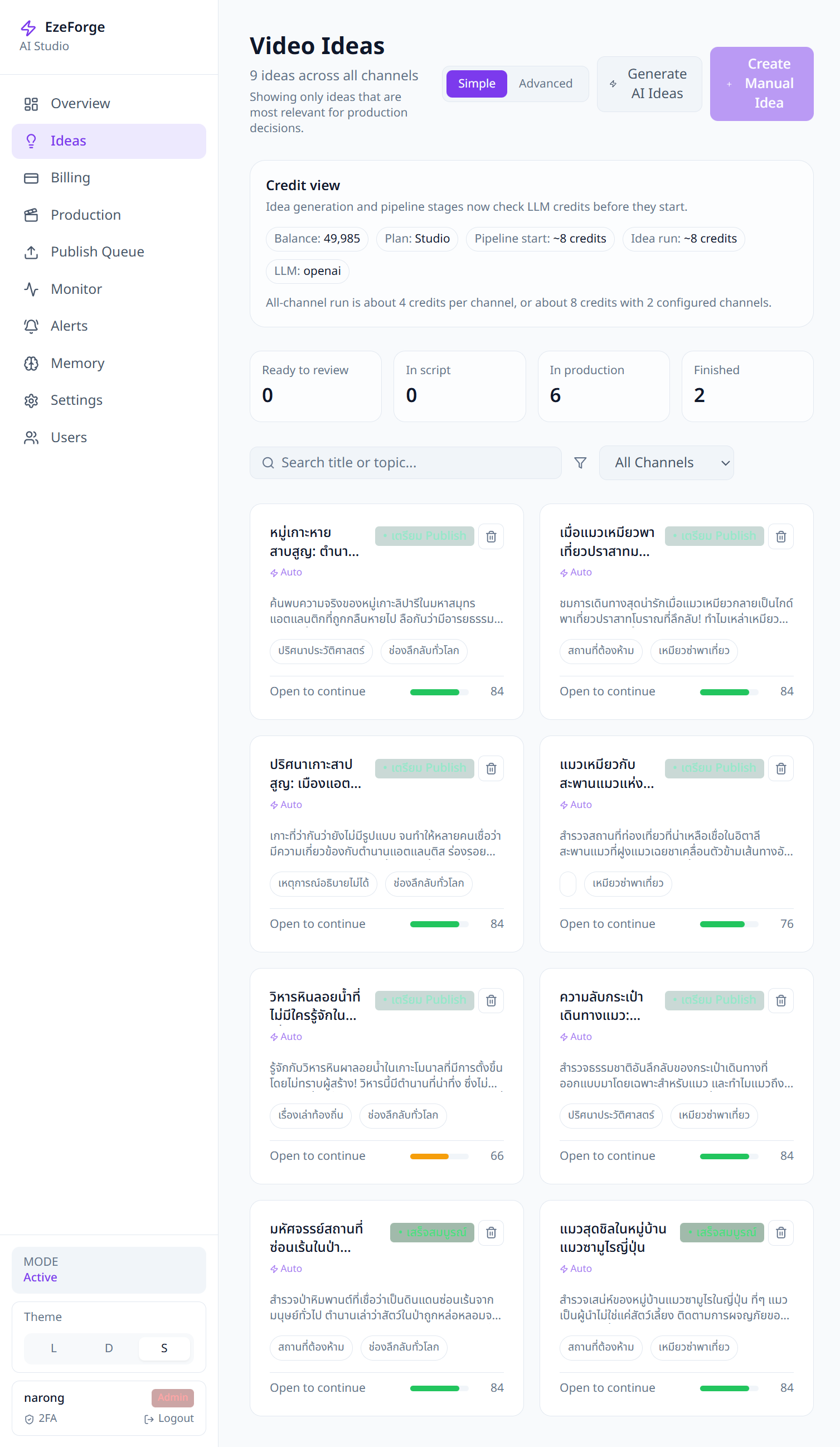EzeForge Ideas Workspace screen showing AI-generated video ideas grouped by channel